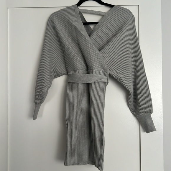 Parallel Lines Mini Wrap Sweater Dress with Cut Out Back - Picture 6 of 7